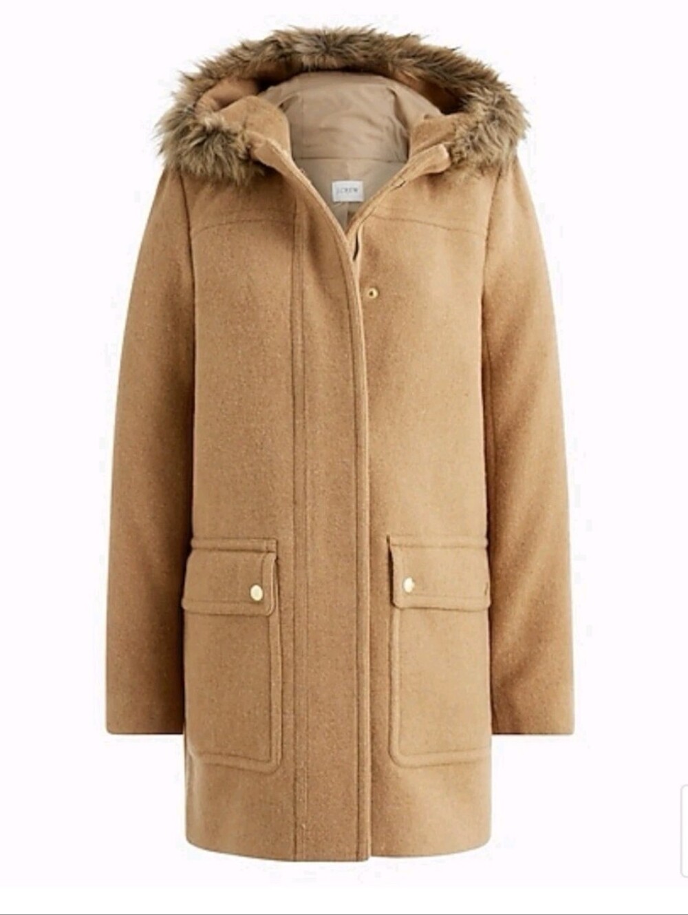 J. Crew Vail Camel Wool Blend Parka With Fur Trim Hood & Gold Hardware 6